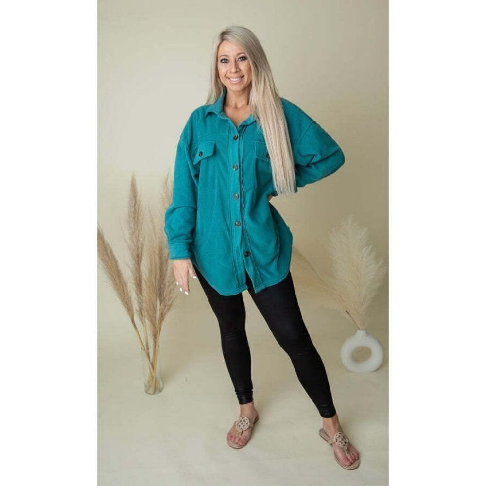 Zenana All About the Fleece Button-Down Shacket in Light Teal S-L QJ-4003D4 - Picture 10 of 10